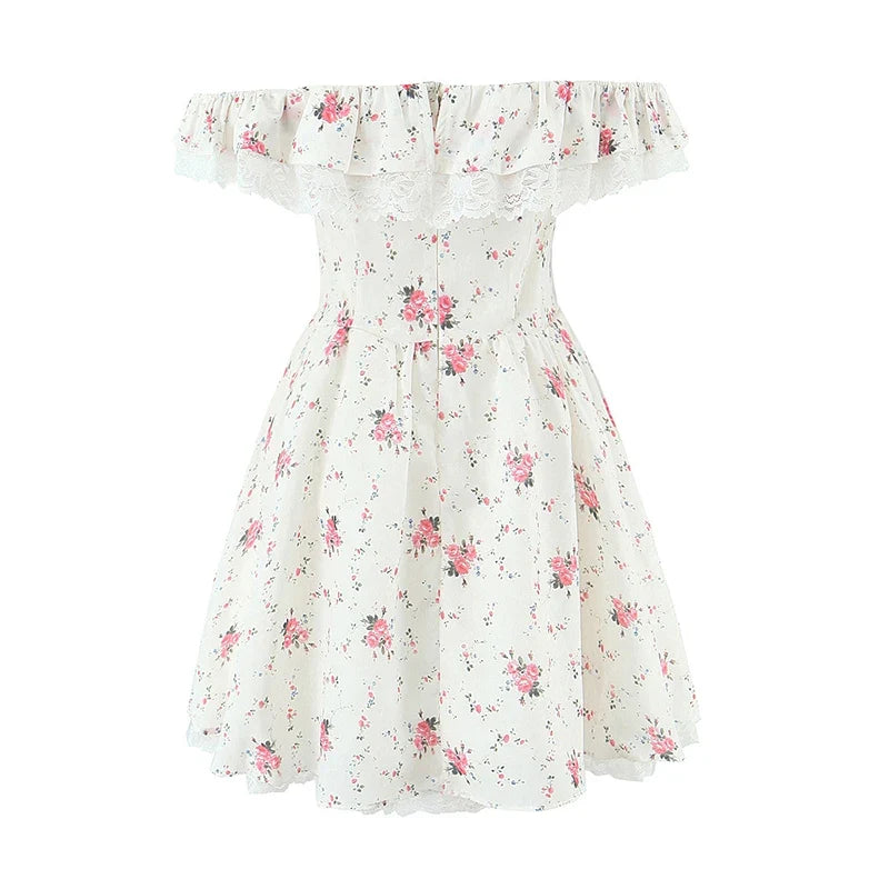 Summer Floral Print Bow Sexy Off Shoulder Dresses Short Sleeve Low Waist Elegant A-line Party Mini Dress