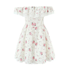 Summer Floral Print Bow Sexy Off Shoulder Dresses Short Sleeve Low Waist Elegant A-line Party Mini Dress