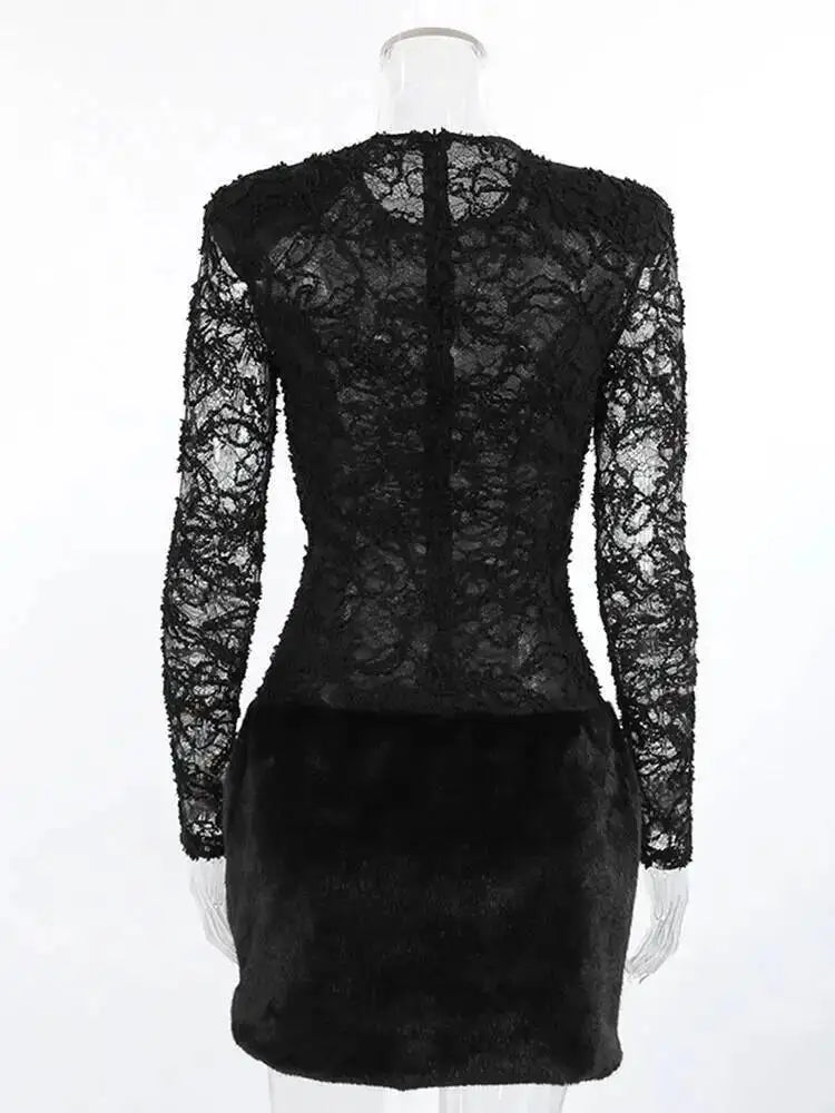 Temperament Round Neck Long Sleeved Lace Patchwork Slim Fit Dresses