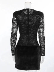 Temperament Round Neck Long Sleeved Lace Patchwork Slim Fit Dresses