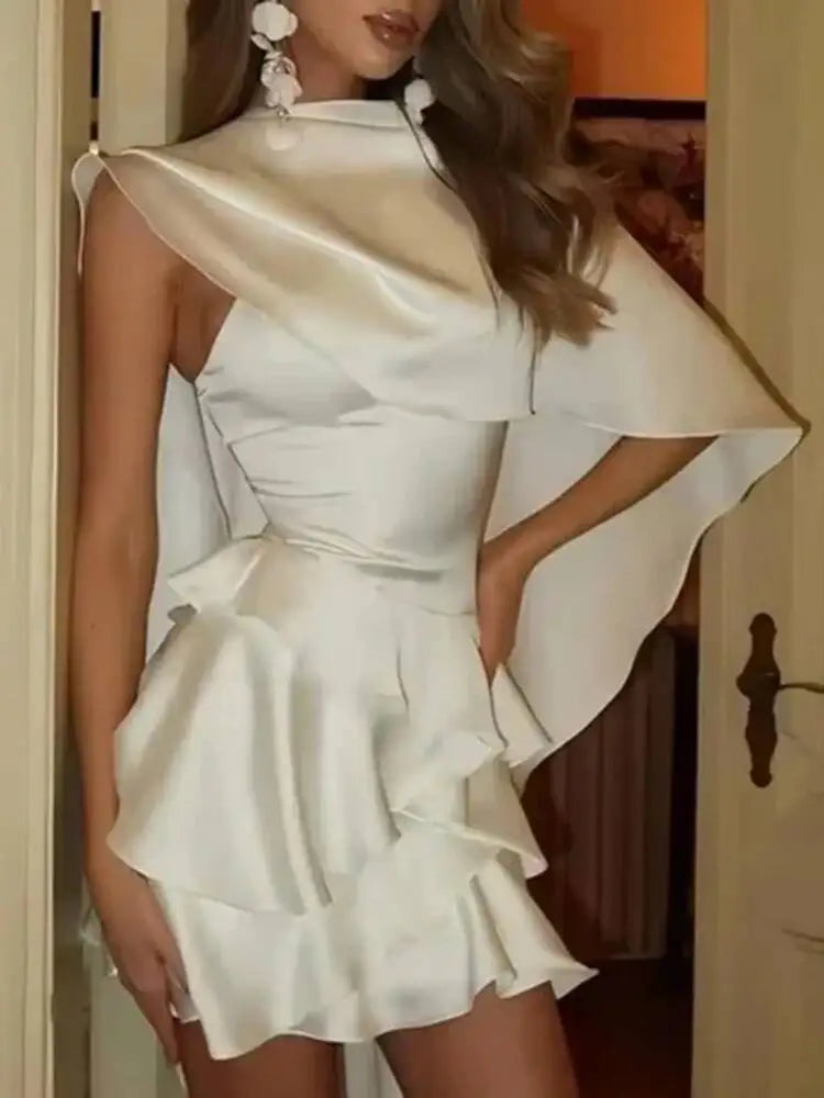 Temperament Satin Shawl Hanging Neck Layered Ruffle Edge Slim Fit Short Dresses