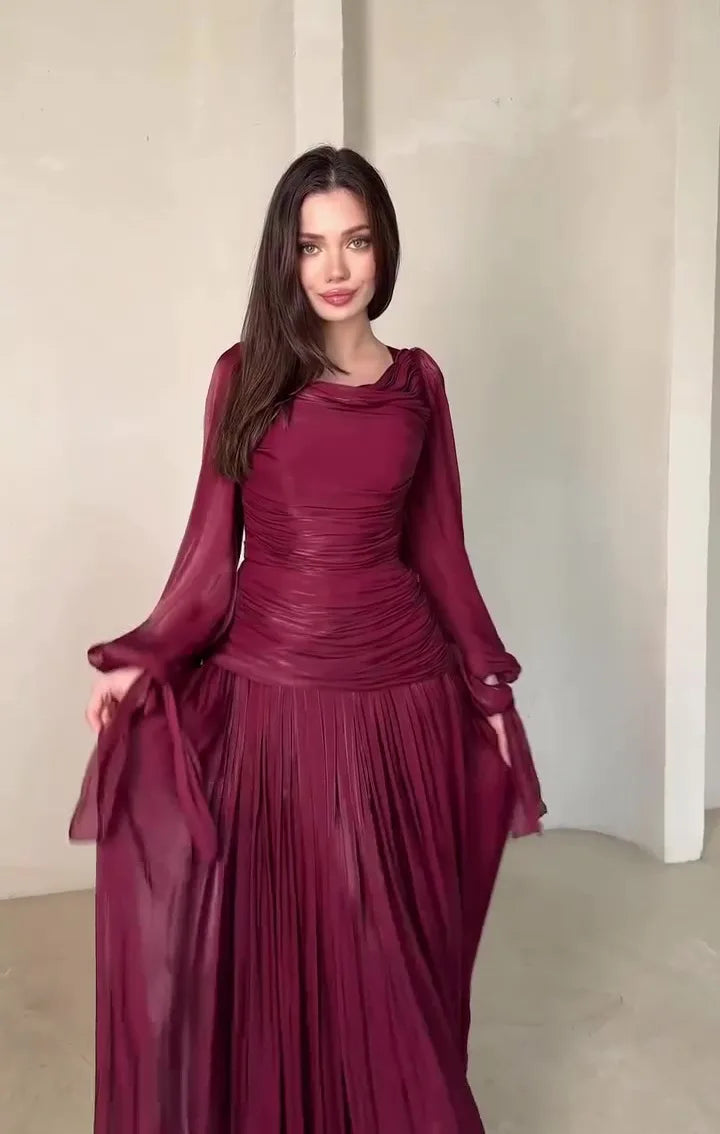 Temperament Round Neck Long Sleeved Pleated Waist Slimming Patchwork Dresses
