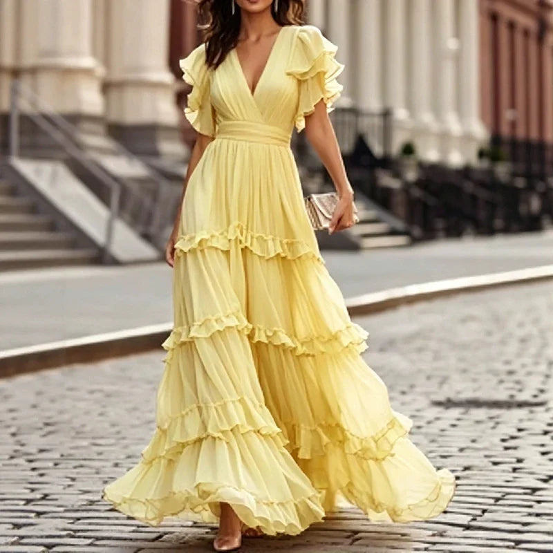 Casual Solid Simple Party Maxi Dresses V-neck Ruffles Evening Dresses