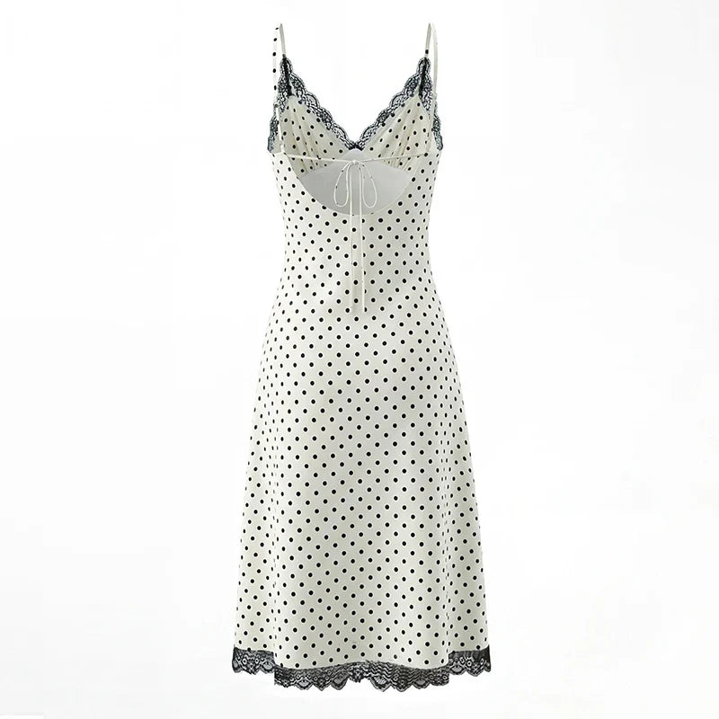 Sexy Backless Lace Trim V Neck Polka Dot Sling Dresses