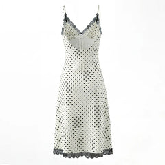 Sexy Backless Lace Trim V Neck Polka Dot Sling Dresses
