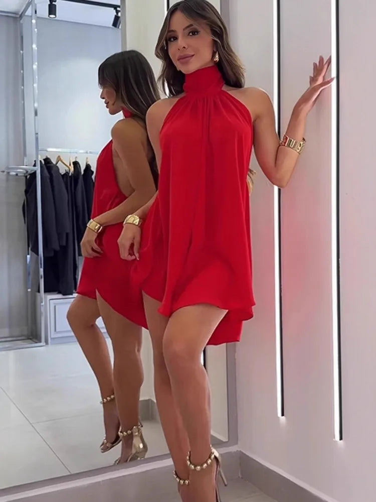 Halter Neck Strap Solid Color Waist-Cinching Short Dresses