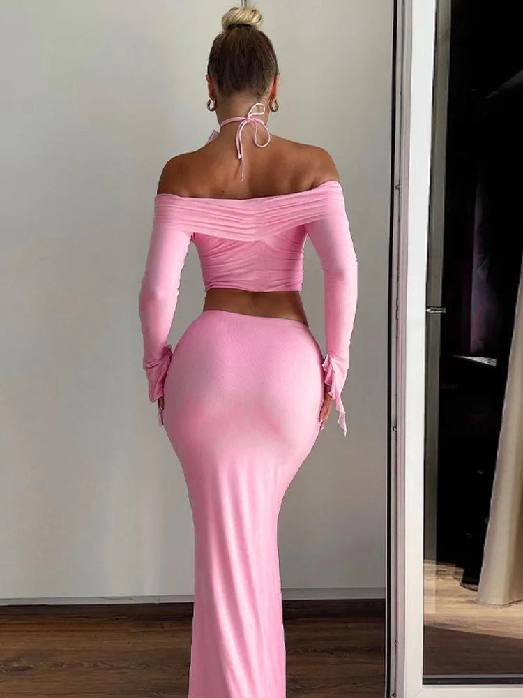 Summer Two-piece Set Sexy Strapless Long-sleeved Top With Irregular Slim-fitting Skirt 19DB2727