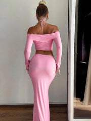 Summer Two-piece Set Sexy Strapless Long-sleeved Top With Irregular Slim-fitting Skirt 19DB2727