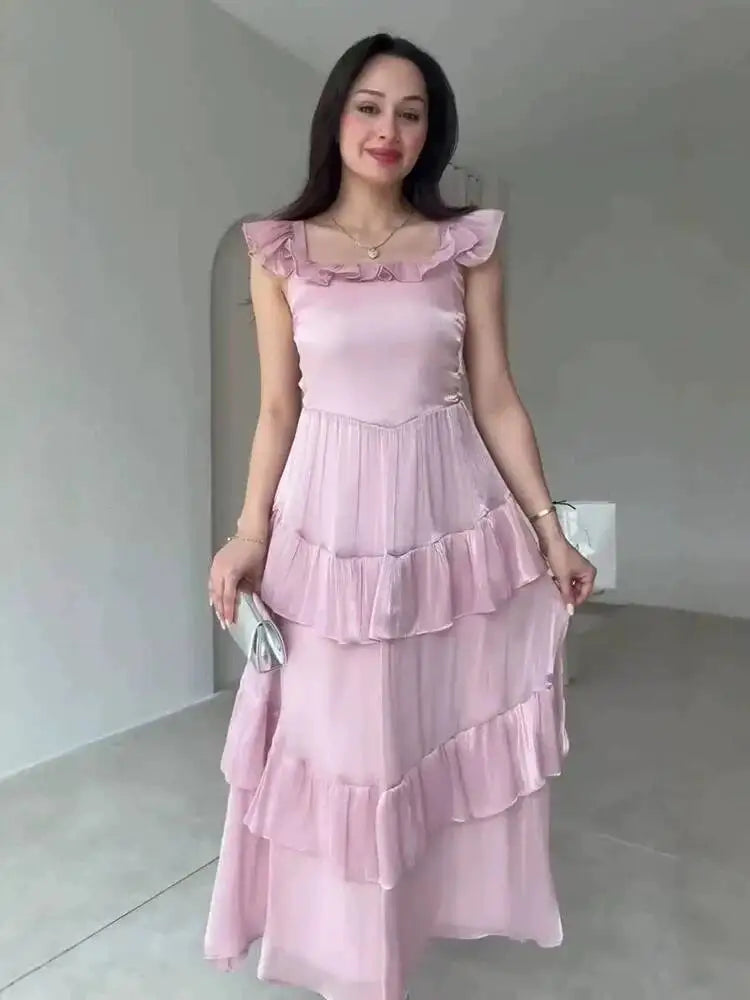 Sweet Square Neck Sleeveless Ruffle Edge Layered Spliced Waist Cinching Dresses