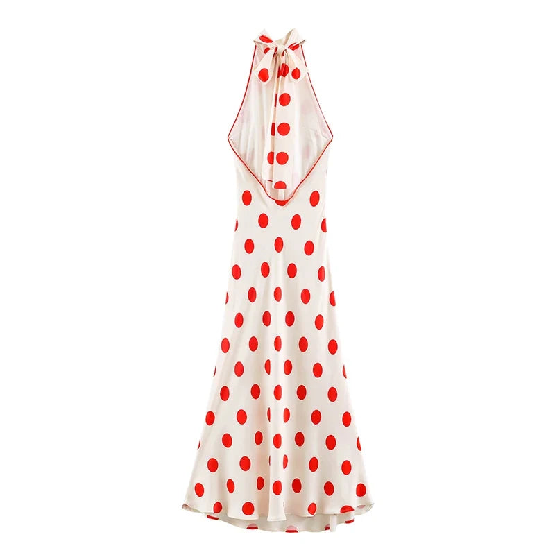 Polka Dot Halter Maxi Dresses Sexy Sleeveless Backless Bodycon Flowy Beach Vacation Summer Dress