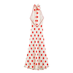 Polka Dot Halter Maxi Dresses Sexy Sleeveless Backless Bodycon Flowy Beach Vacation Summer Dress