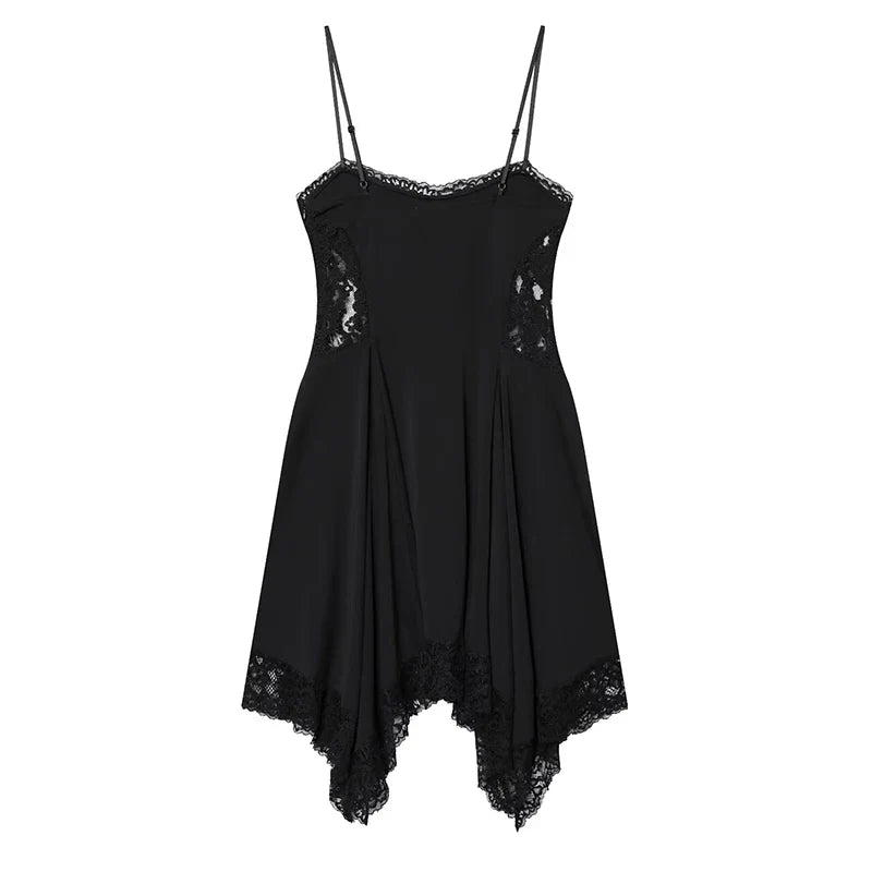 Summer Black Sling Short Dresses Lace Trim Asymmetric Hem Casual Sexy Vestidos