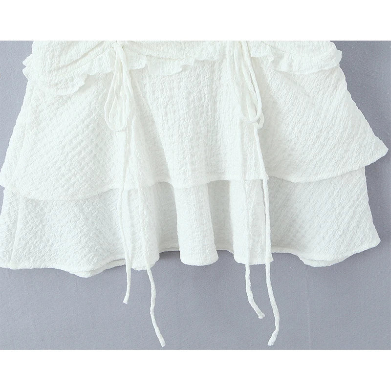 Summer French Style White Textured Ruched Tie Waist Mini Dresses