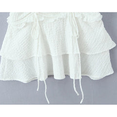 Summer French Style White Textured Ruched Tie Waist Mini Dresses