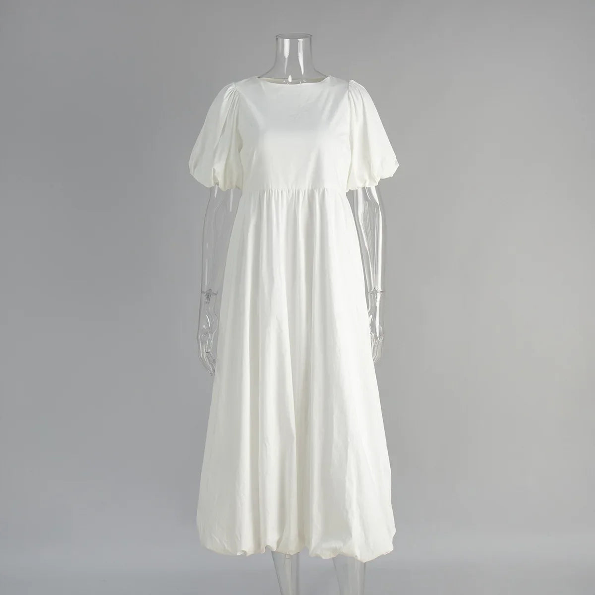 Simple Casual Round Neck Bubble Sleeve Pleated Dresses