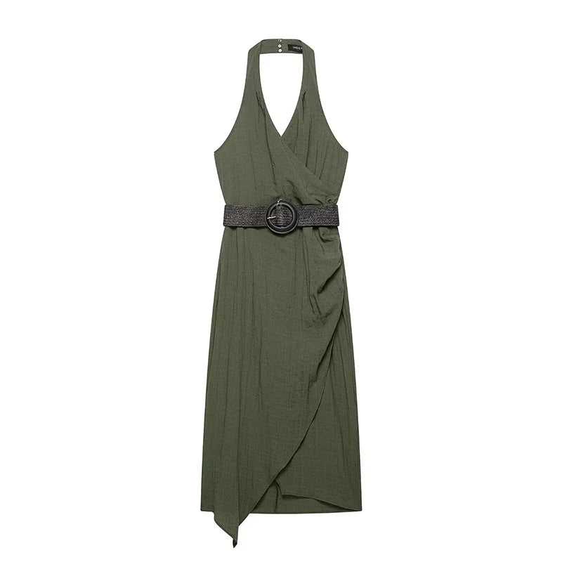 Crinkled Halter Wrap Midi Dresses