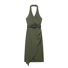 Crinkled Halter Wrap Midi Dresses
