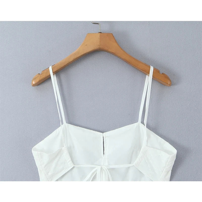 Sexy Backless Floral Embroidery White Sling Mini Dresses