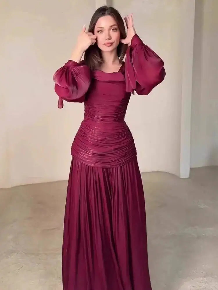 Temperament Round Neck Long Sleeved Pleated Waist Slimming Patchwork Dresses