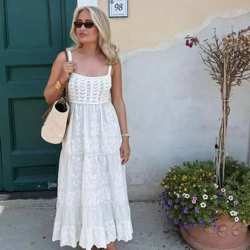 Sexy Spaghetti Straps Knit Patchwork Embroidery Dresses
