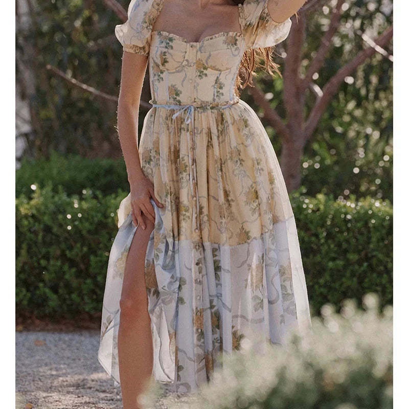 Patchwork Floral Print Boho Summer Dresses Vintage Puff Sleeve A-line Midi Chiffon Dresses