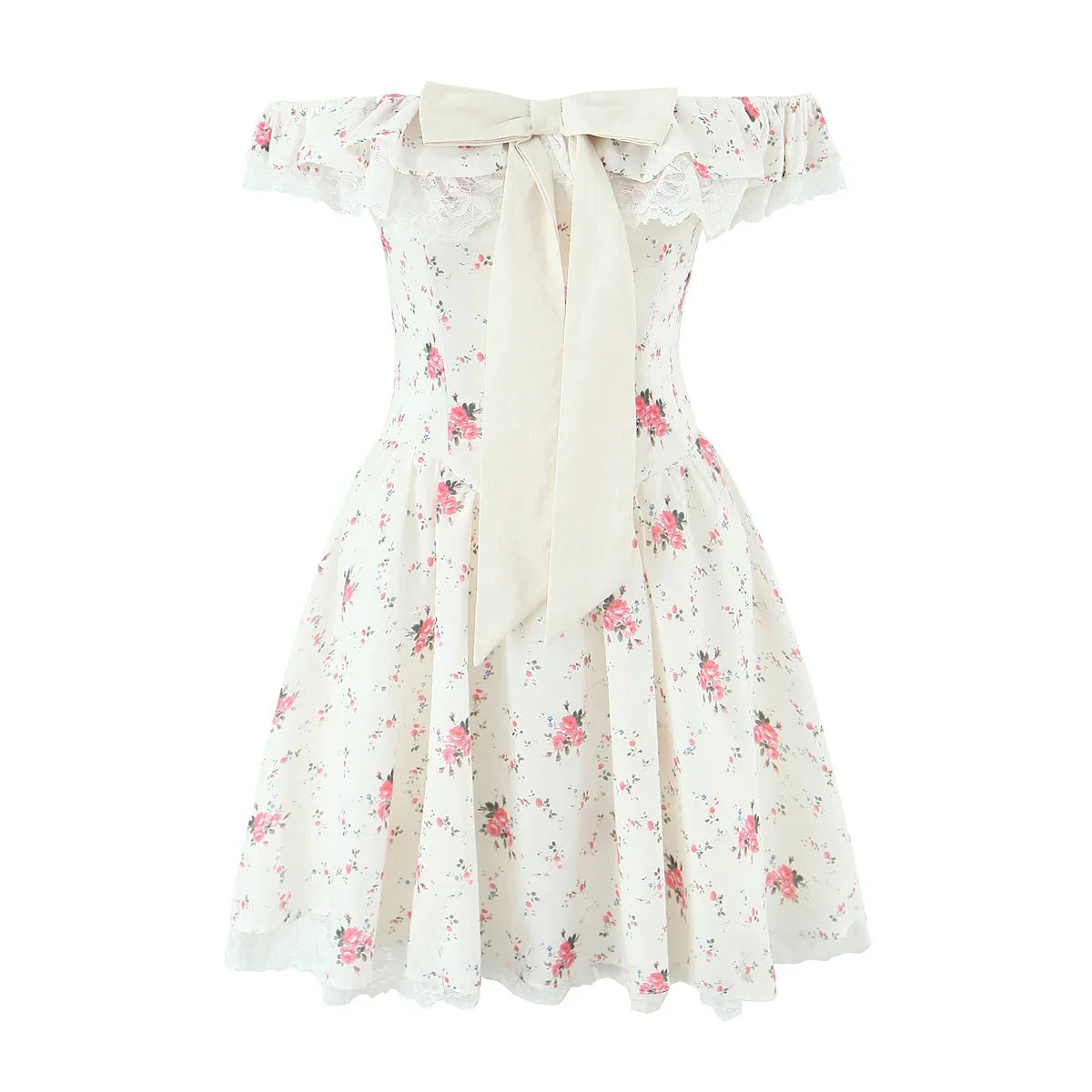 Summer Floral Print Bow Sexy Off Shoulder Dresses Short Sleeve Low Waist Elegant A-line Party Mini Dress