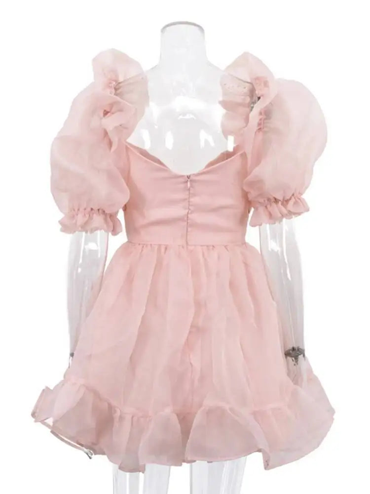 Sweet Square Neck Bubble Sleeve Backless A-line Dresses