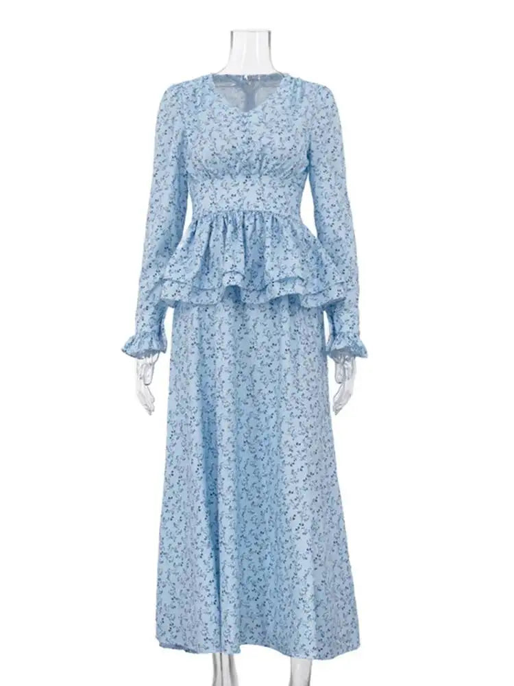 Fashionable V-neck Long Sleeved Waist Cinched Ruffle A-line Dresses