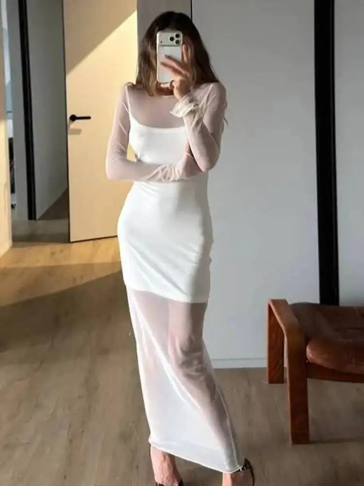 Temperament Sheer Gauze Double-layer Splicing Waist Slimming Dresses