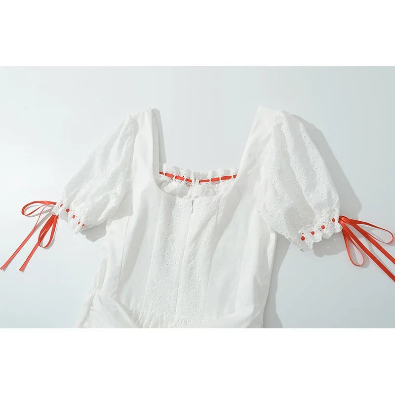 Hollow Out Embroidery Floral White Dresses