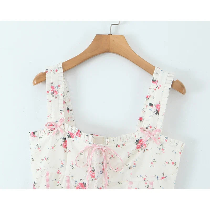 Sweet Floral Print Plaid Spliced Summer Mini Dresses