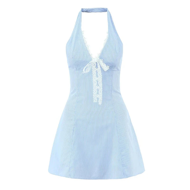 White Lace Trim Pink Blue Striped Halter Mini Dresses