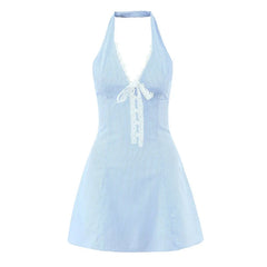 White Lace Trim Pink Blue Striped Halter Mini Dresses