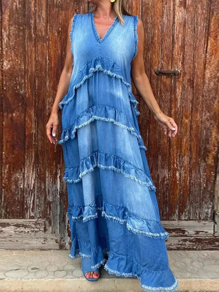 Solid Color V-neck Frayed Edge Patchwork Denim Dresses