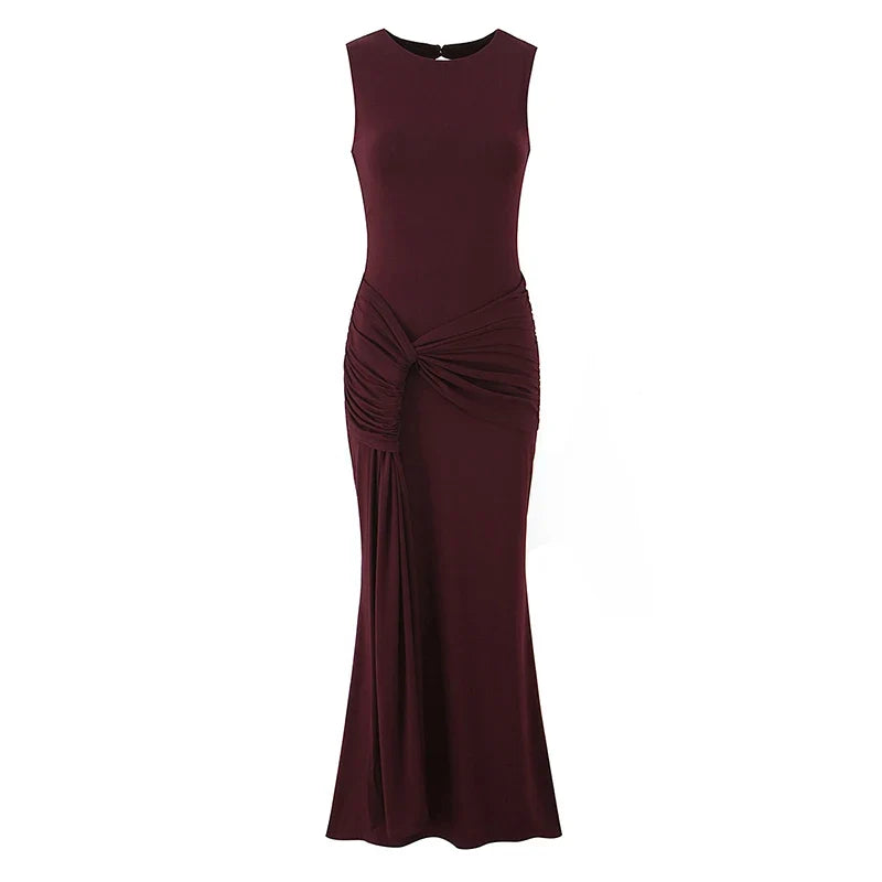 Sexy Burgundy Sleeveless Ruched Bodycon Maxi Dresses