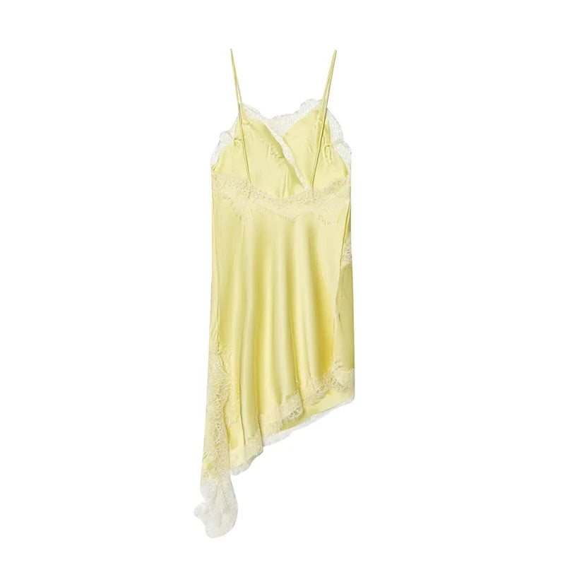 Lace Patchwork Asymmetric Sling Sexy Dresses Yellow Vestidos