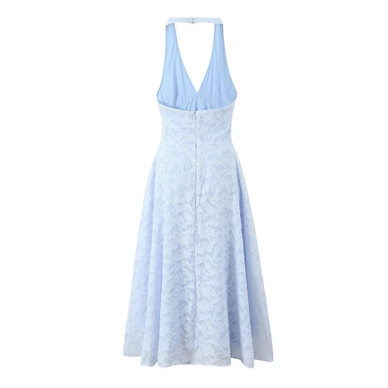 Sexy Backless Blue Jacquard Halter Holiday DressElegant A-line Midi Low Waist Summer Dresses Beach Robe