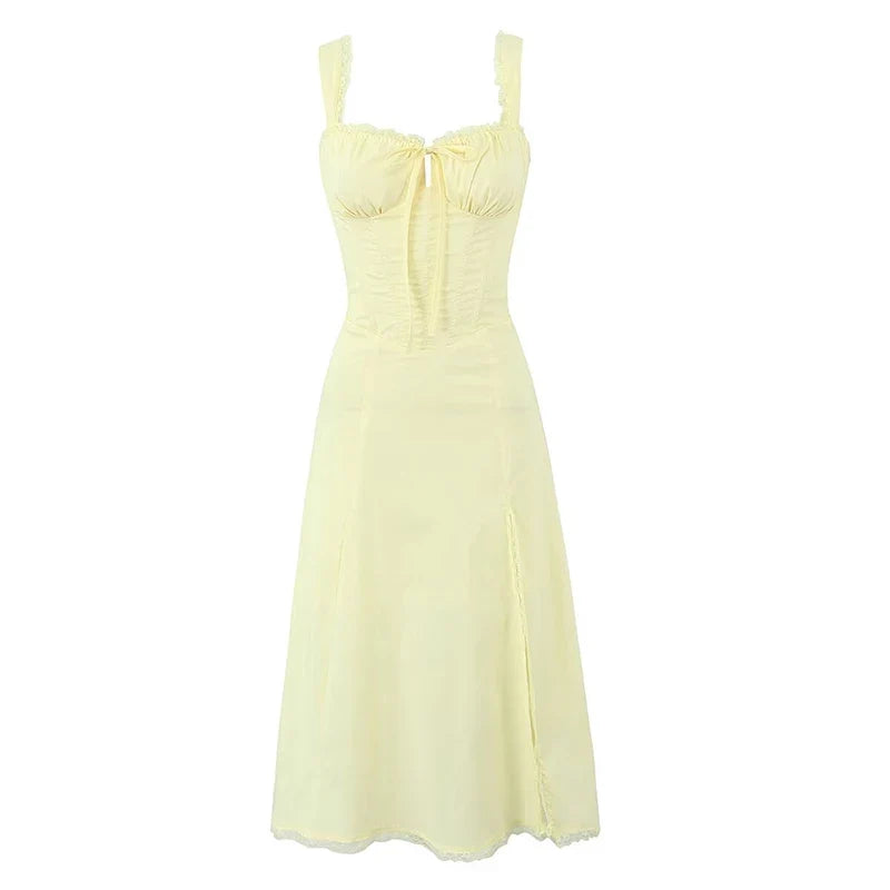 Summer Lace Patchwork Front Slit Bandage Back Sling Sexy Elegant Party Dresses