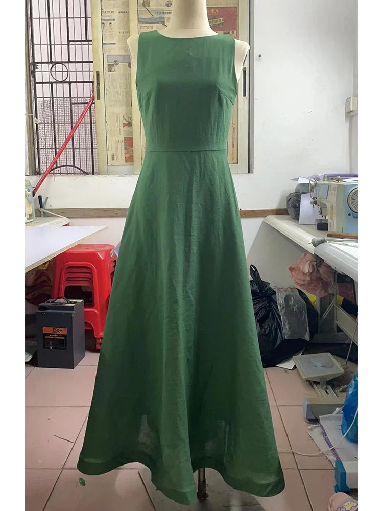 Summer Slim Fit Sleeveless High Waist Green Color Long Dresses