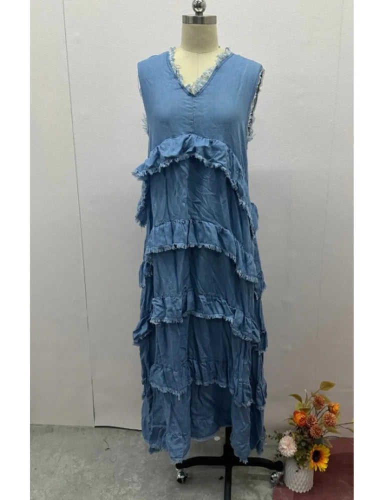 Solid Color V-neck Frayed Edge Patchwork Denim Dresses