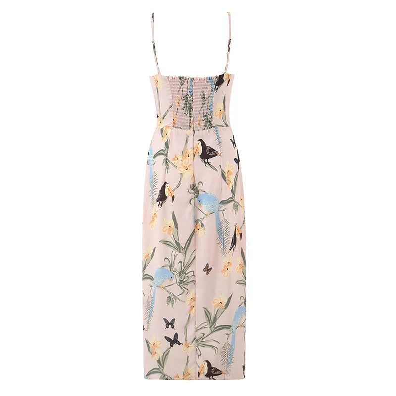 French Retro Floral Print Holiday Sexy Sling Dresses