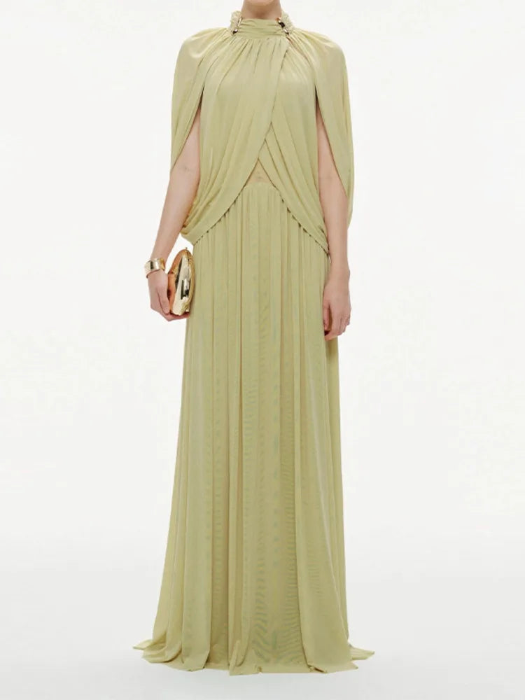 Summer Pleated Elegant Round Neck Chiffon Fashionable Long Dress