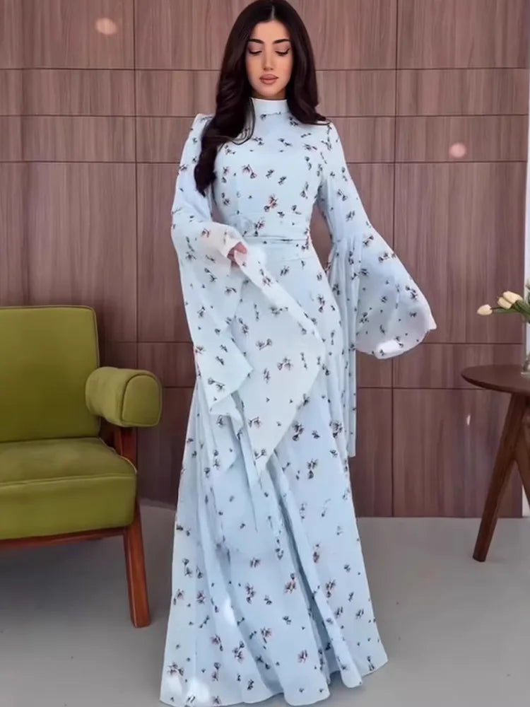 Summer Turtleneck Long Flare Sleeves Printing Elegant Waist-Cinching Formal Dresses