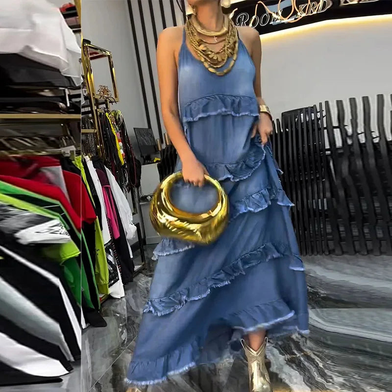 Solid Color V-neck Frayed Edge Patchwork Denim Dresses