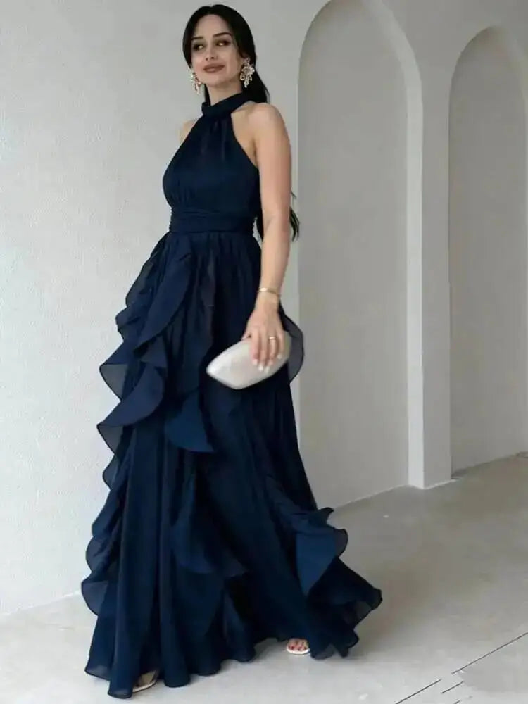 Elegant Waist-Cinching Ruffle Hem Long Sleeveless Dresses