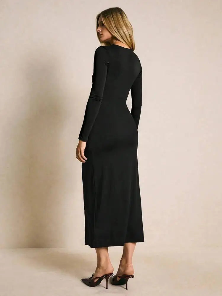 Retro Round Neck Long Sleeved Metal Buckle Waist Side Slit Dresses