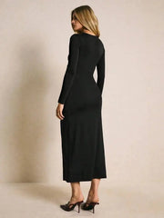 Retro Round Neck Long Sleeved Metal Buckle Waist Side Slit Dresses