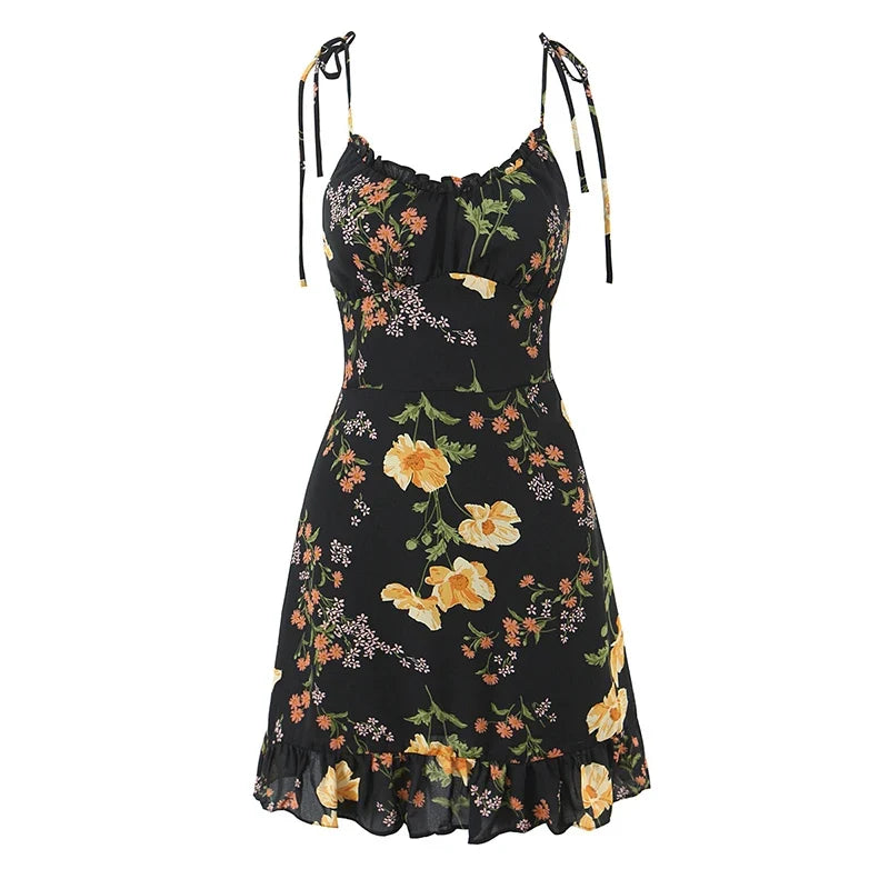 French Style Vacation Summer Dresses Floral Print Short Sling Dresses