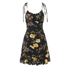 French Style Vacation Summer Dresses Floral Print Short Sling Dresses