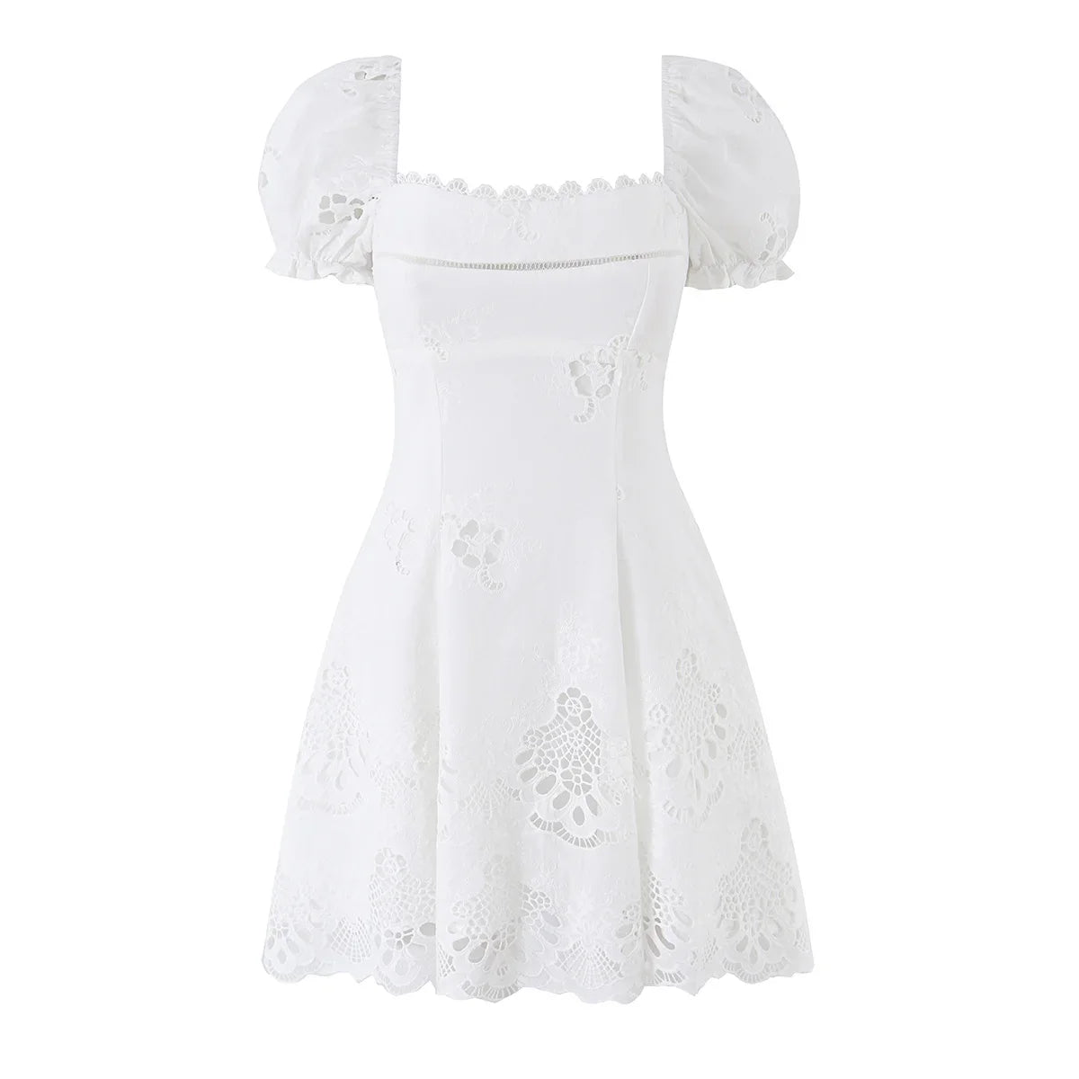 Hollow Out Embroidery White Mini Dresses